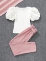 SHEIN Kids FANZEY Girls' Knitted Solid Color Puff Sleeves Round Neck Top And Loose Corduroy Pants Two-Piece Set