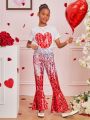 SHEIN Kids Cooltwn 2pcs/set Girls' Elegant Sparkly Heart Print Short Sleeve T-shirt And Flare Pants