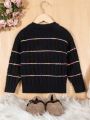 Little Girls' Knitted Cardigan With Color Block Pattern
