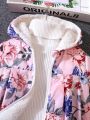 Young Girl 1pc Floral Print Teddy Lined Hooded Jacket