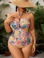 SHEIN Swim Vcay Plus Size Women'S Tropical Plant Printed Halter One-Piece Swimsuit