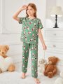 Tween Girls' Cute Avocado Print Short Sleeve Top + Long Pants Home Wear Set, Simple & Comfortable