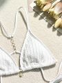 SHEIN Swim Vcay Women'S Solid Color Cable Knit Bikini Swimsuit Set