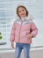 SHEIN Kids EVRYDAY Little Girls' Hooded Collar Cozy Coat With Thick Loose Fit Design, Woven Contrast Coated Fabrics