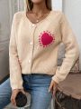 Women'S Love Heart Intarsia Raglan Sleeve Button Up Cardigan