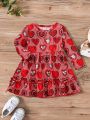 Fashionable Valentine's Day Heart Print Dress For Baby Girls, Sweet Princess Style