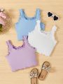 SHEIN Kids EVRYDAY Tween Girls' Knit Solid Color Short Sleeve Crop Top & Vest & Shorts 3pcs Casual Outfits