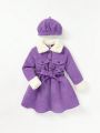 Cozy Cub Baby Girls' Plush Collar Long Sleeve Dress With Waist Belt And Hat 2pcs Set College Style