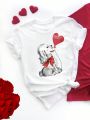 Plus Size Dog & Ballon Print Short Sleeve T-Shirt, Valentine's Day Crew Neck Casual Tee Women Tops For Summer