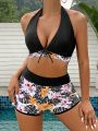 Women'S Tropical Random Print Halterneck Separated Swimsuit