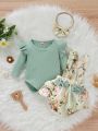 Baby Ribbed Knit Ruffle Trim Bodysuit & Floral Print Bow Front Pinafore Shorts & Headband