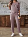 SHEIN LUNE Women's Solid Color Round Neck Long Sleeve Top And Long Pants 2pcs Set