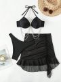 SHEIN Swim SXY Solid Color Chain Decoration Halter Neck Bikini Set