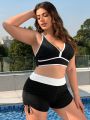 SHEIN Swim Basics Women's Plus Size Color Block V-Neck Bikini Swimsuit Set