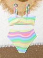 Teen Girls' Stylish Rainbow Striped Front Tie Bikini With Split Design