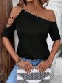 Solid Color Asymmetrical Off Shoulder T-Shirt With Rhinestone Decor