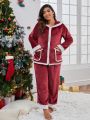 Plus Christmas Contrast Trim Hooded Flannel PJ Set