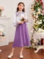 SHEIN Kids CHARMNG Teenage Girls' Mandarin Collar Flower Pattern Lantern Sleeve Shirt And Button Decorated Skirt Two Piece Set