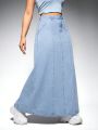 SHEIN ICON Women'S Light Blue Washed Long Denim Skirt With Side Slits