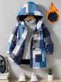 SHEIN Young Boy Plaid Print Thermal Lined Hooded Duffle Overcoat Without Sweater