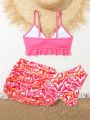 Girls' Three-Piece Tie-Dye Swimsuit Set With Ruffled Skirt And Bowknot Detail