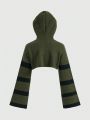ROMWE Fairycore Women's Striped Hooded Cropped Sweater With Mushroom Embroidery