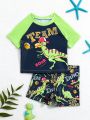 Baby Boy Cartoon Dinosaur Print Color Block Short Sleeve T-Shirt, Shorts And Swimwear Set