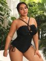 SHEIN Swim Basics Plus Size Drawstring Halterneck Criss Cross Side One Piece Swimsuit