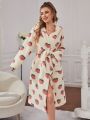 Strawberry Print Hooded Belted Flannel Robe