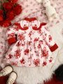 Baby Girls' Qipao Style Decorative Flower Print Long Sleeve Dress With Buttons
