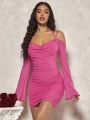 SHEIN BAE Romantic Valentine's Day Dating Day Rose Red Mesh Puff Sleeve Ruffled Mock Neck Mini Dress For Women