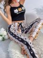 Women's Cat & Letter Printed Tank Top And Long Pants Pajama Set