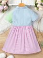 SHEIN Kids EVRYDAY Little Girls' Striped & Printed Patchwork Doll Collar Dress