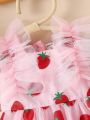 Baby Girl Pink Strawberry Embellished Tulle Dress With Fluffy Skirt