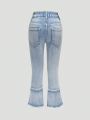 Little Girl's Light Washed Blue Stretch Ripped Denim Trousers