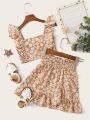 SHEIN Kids SUNSHNE Girls Ruffle Trim Shirred Back Top and Paperbag Waist Skirt Set