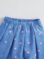 SHEIN Kids Y2Kool Young Girl's Sun Protection Sleeveless Jacket And Denim Inspired Pink Diamond Printed Skirt Set