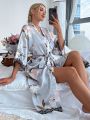 Floral Print Drop Shoulder Contrast Eyelash Lace Belted Satin Sleep Robe