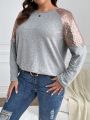 SHEIN Frenchy Women's Plus Size Sequin Patchwork Round Neck Long Sleeve T-shirt