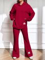 SHEIN Qutie Women's Hoodie & Pants Set With Letter Patches