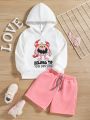 SHEIN Kids EVRYDAY Toddler Boys' Cartoon Letter Printed Hoodie And Shorts Set