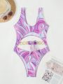 Ladies' Gradient Color Hollow Out Bowknot Design Fashion One-Piece Swimsuit