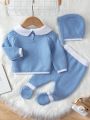 Baby Girls' Contrast Peter Pan Collar Raglan Sleeve Sweater And Knitted Pants And Hat 3pcs/set