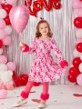 SHEIN Kids CHARMNG Little Girls' Romantic Lady Style Love Heart Printed Mesh Patchwork Dress With Leggings, 2pcs/Set