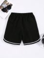 SHEIN Boys' Casual Patchwork Drawstring Waist Knitted Shorts With Text Detail, Streetwear Style