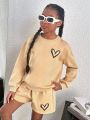 SHEIN Kids Cooltwn Girls' Fashionable Streetwear Knitted Round Neck Long Sleeve Tracksuit