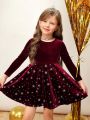 SHEIN Young Girl 1pc Star Pattern Velvet Dress