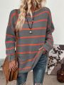 SHEIN LUNE Striped Pattern Pocket Patched Drop Shoulder Sweater