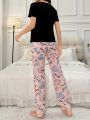 Letter Eyelashes Print T-Shirt&Cartoon Print Pants Pajama Set