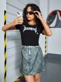 Teenage Girls' Letter Printed T-Shirt And Denim Printed Skirt Set